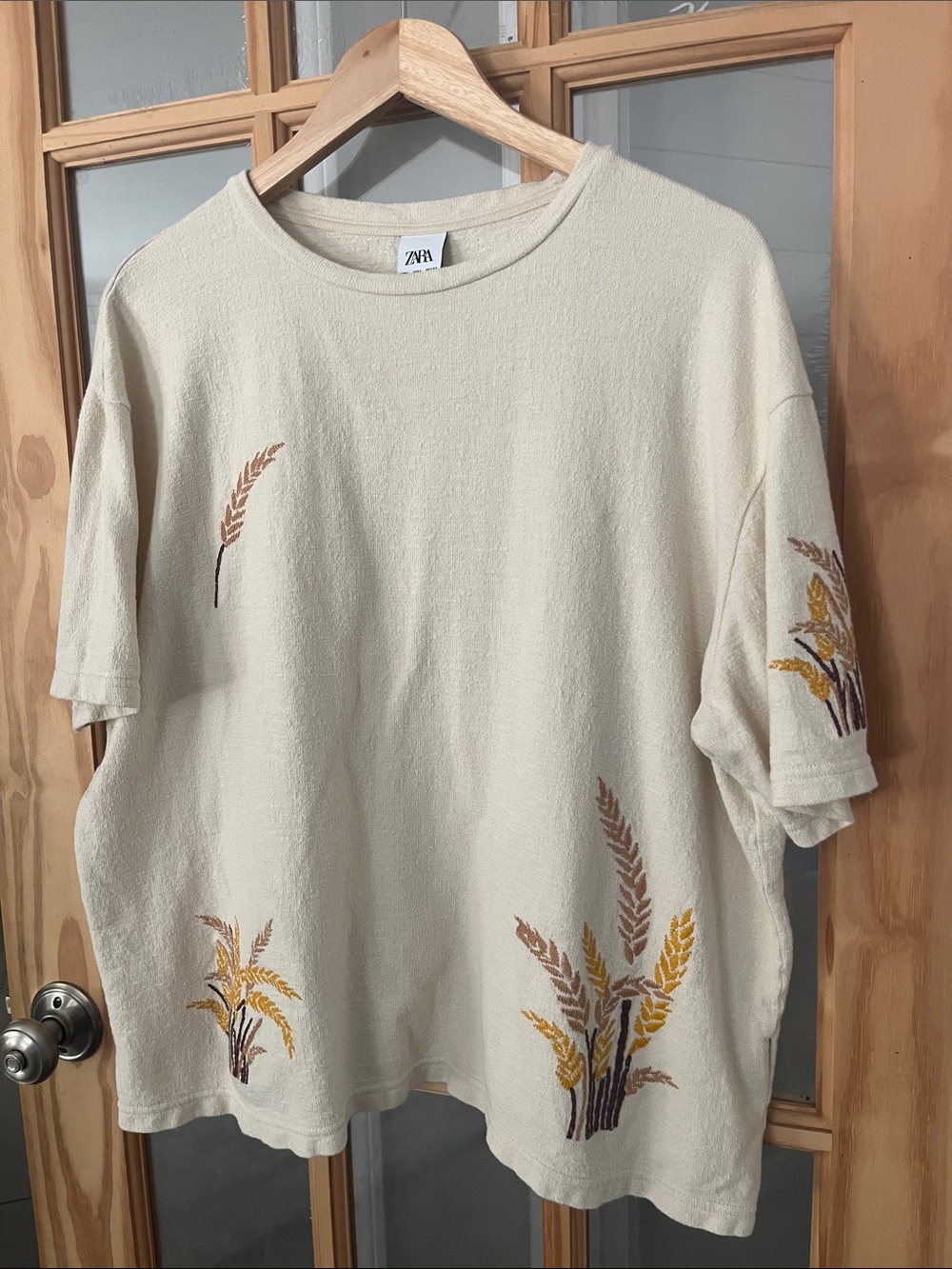Zara oversized 100% Cotton tee, embroidered Fall, harvest, wheat, Sz large,